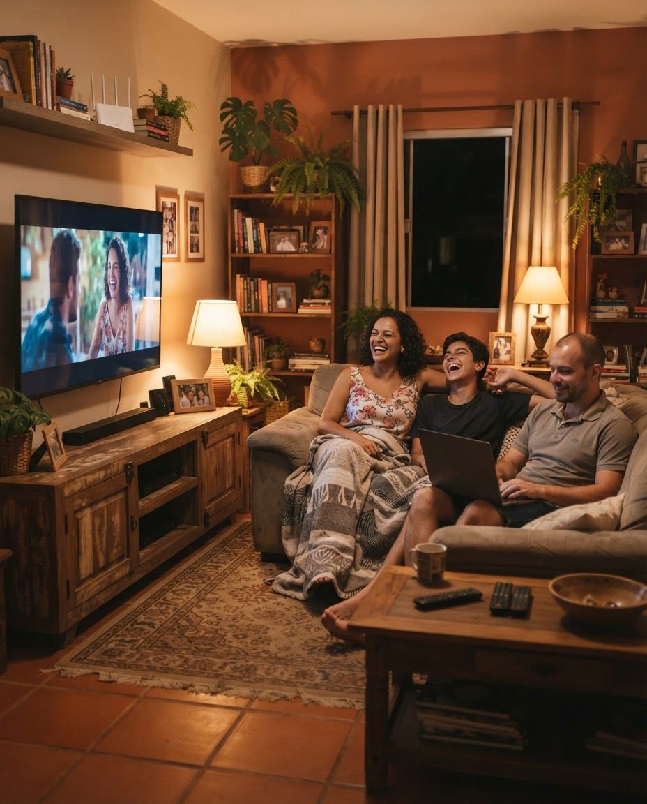 Família reunida em casa usando a internet, com a Sertão Net Fibra em Crato